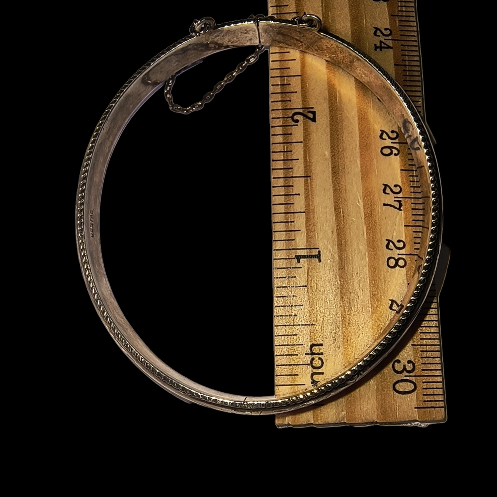 Vintage Sterling Silver Two-Tone Etched Bangle Bracelet With Hinge - Picture 3 of 11